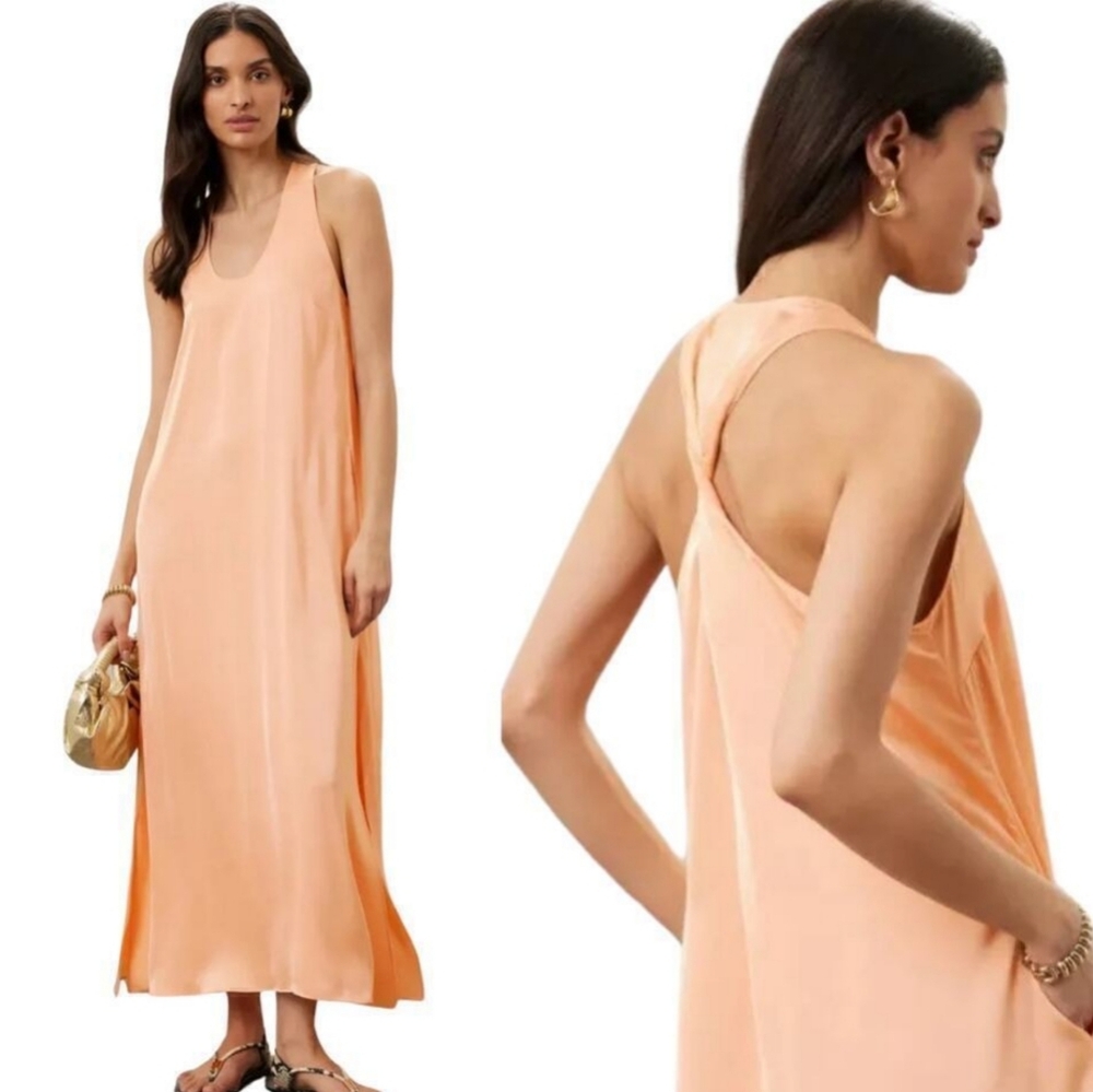 ROSETTA GETTY Collective Peach Satin Twist Back Halter Maxi Slip Dress Sz 6